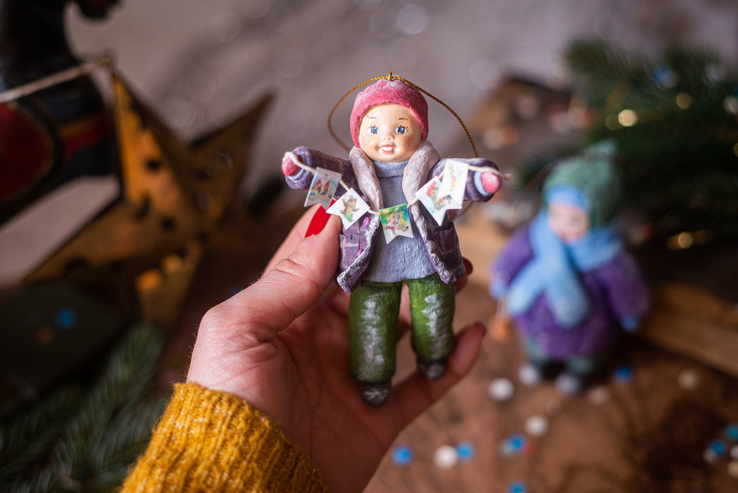 Kid in Winter Coat Spun Cotton Christmas Ornament
