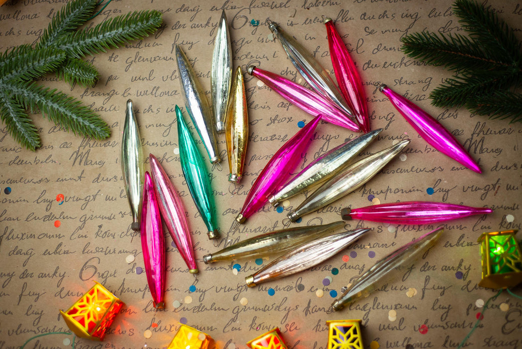 Long Vintage Glass Icicle Ornaments, Pink & Silver – 1950s