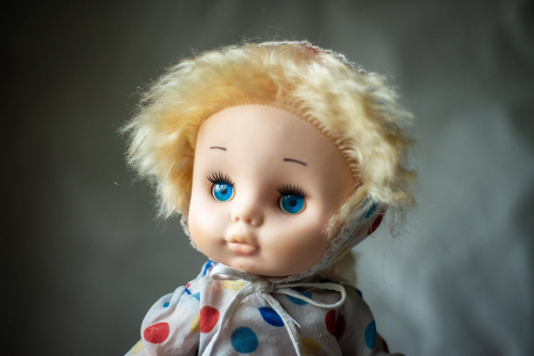 vintage 1970s german doll, Blue-Eyed Polka Dot Outfit Doll