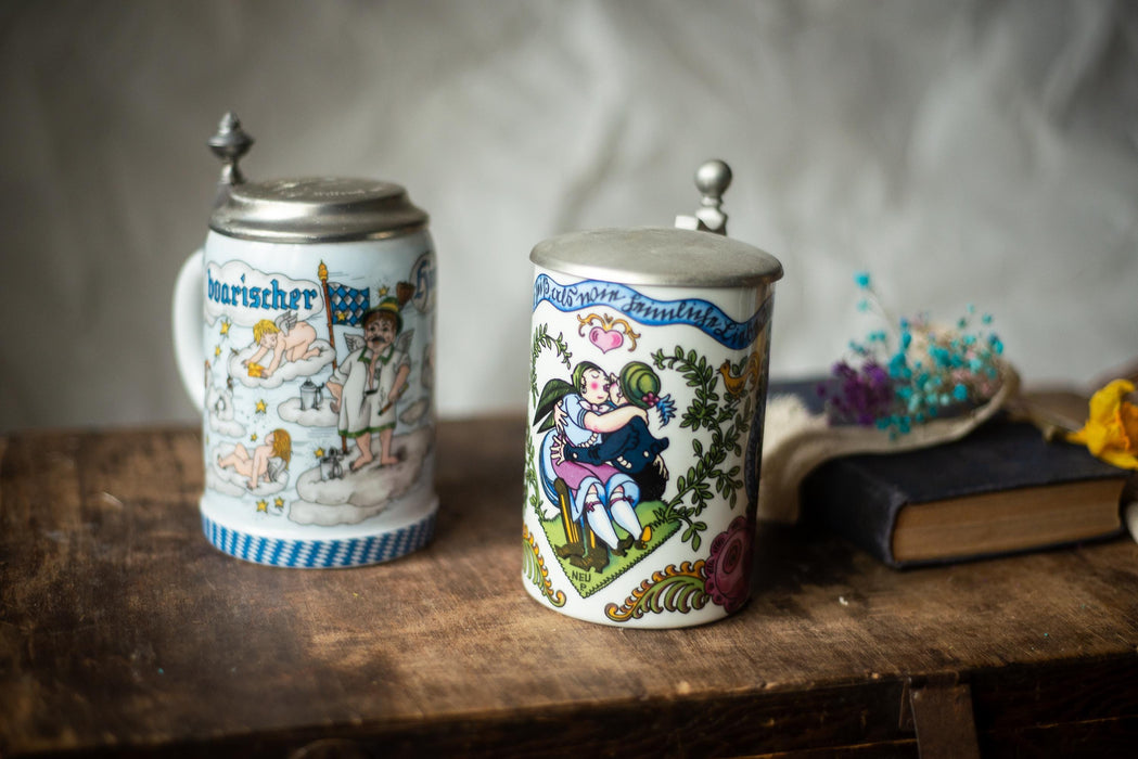 Vintage German Ceramic Beer Steins with Pewter Lids Folk Art Barware