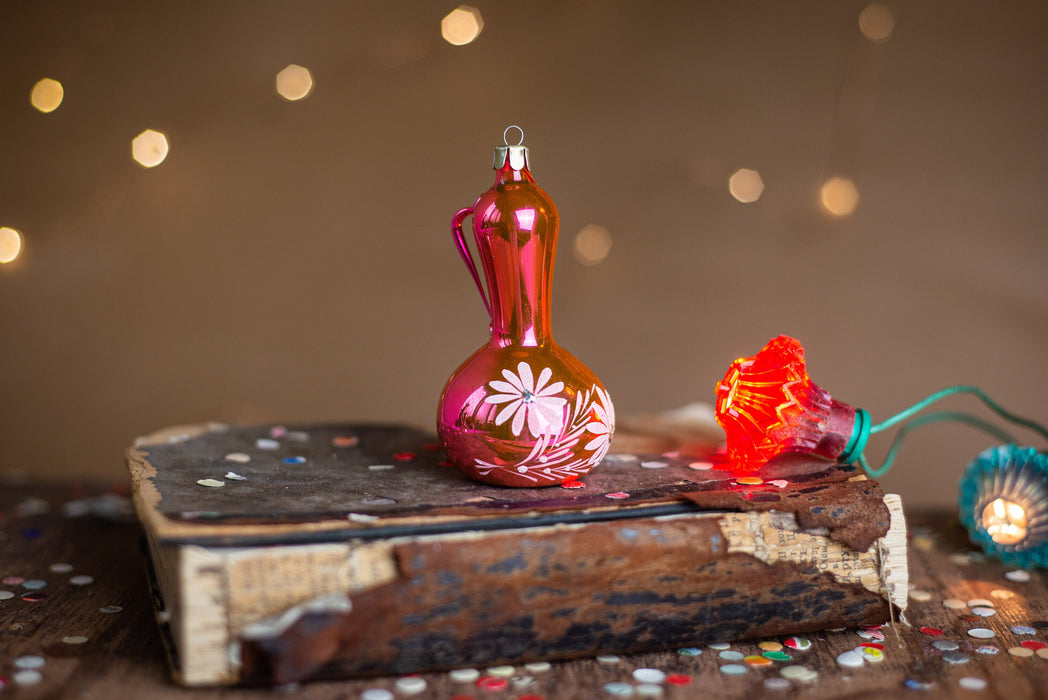 Vintage Glass Jug Christmas Ornament, Hand Painted Floral
