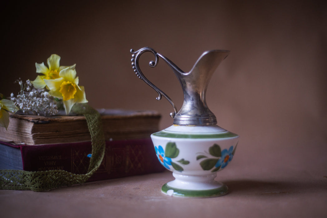Ceramic jug with metal top, hand-painted clay carafe, 1970s German pitcher, blue flower ornament, mother's day gift