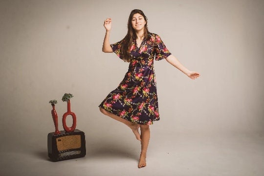 Vintage Floral Dress - Blue Satin Midi Wrap With Waisted Silhouette & Boho Style