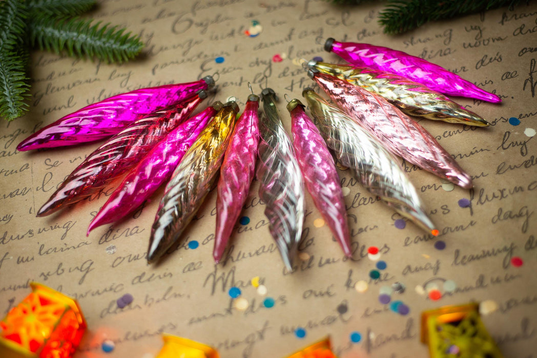 Vintage Christmas Ornaments – 1950s Pink Gold Silver Glass Icicles
