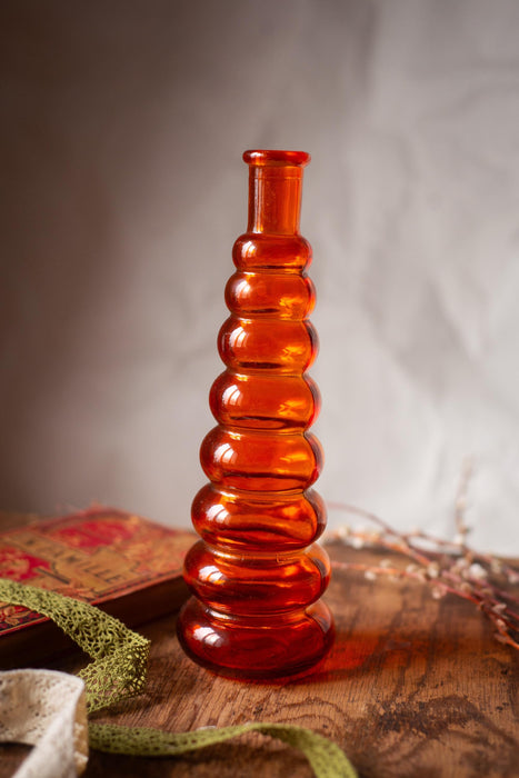 Red Glass Bubble Vase Mid Century 1970s Tall Single Stem Decor