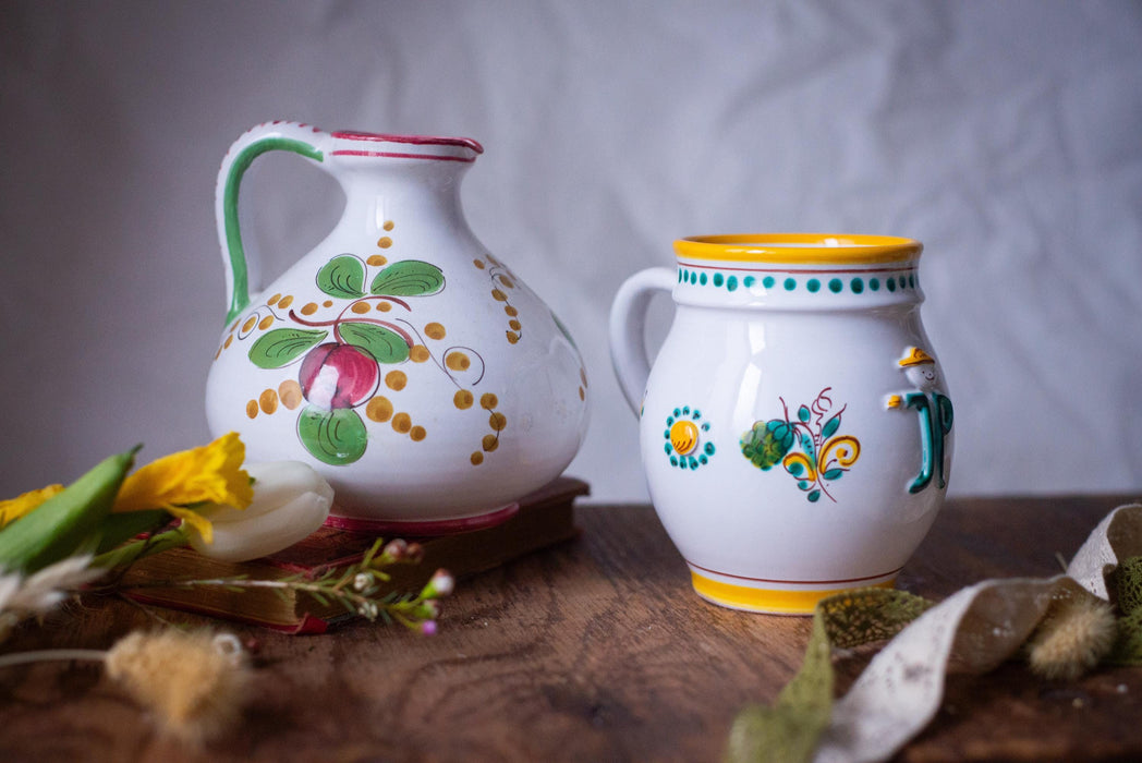 Vintage Italian Majolica Pitcher 1970s Hand Painted Ceramic Jug