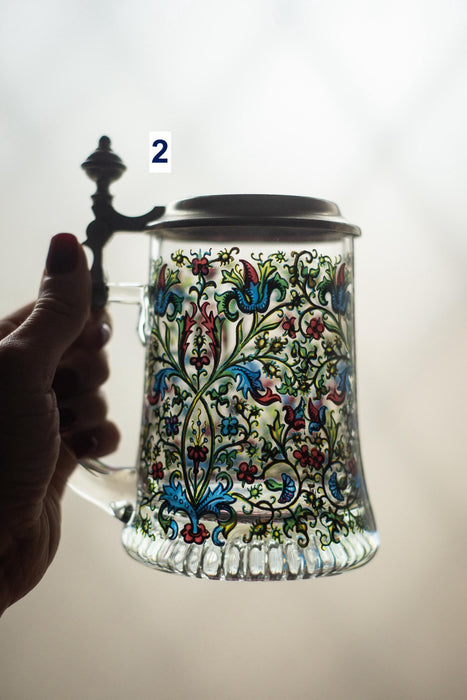 Vintage German Glass Beer Stein with Pewter Lid Medieval & Floral Tankard
