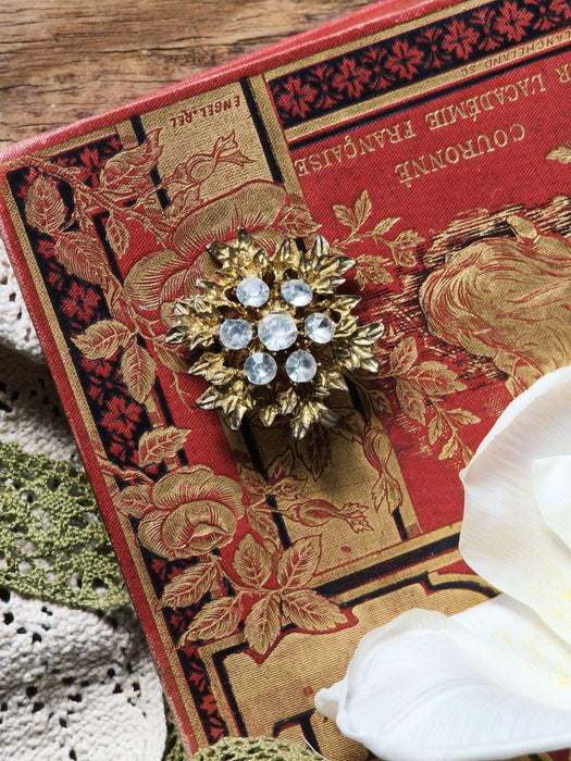 Vintage Rhinestone Brooch, Gold Tone Statement Pin Mid Century Elegant Jewelry