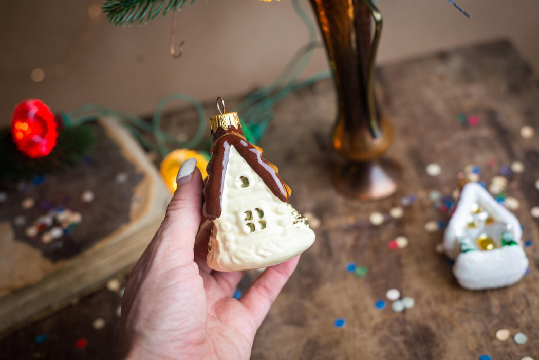 Vintage Gingerbread House Glass Ornament, Hand Painted