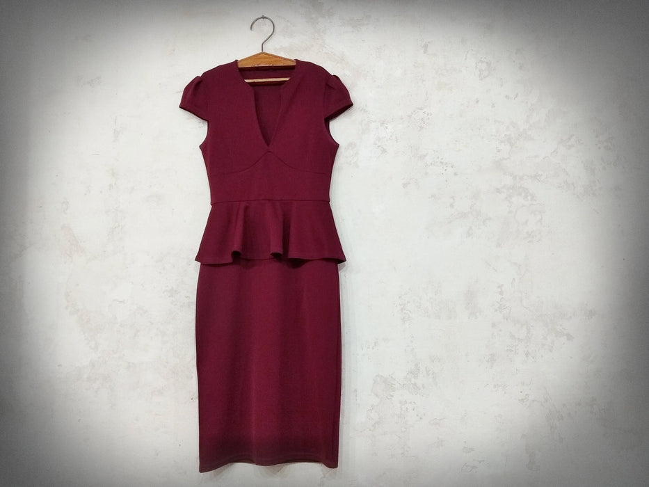 Vintage Peplum Dress - Burgundy Midi Knee Length Sheath With Deep V-Neck