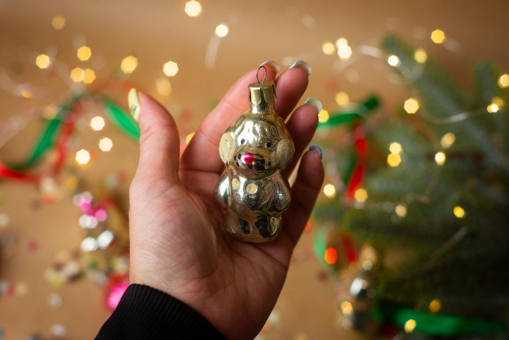 Dog with bow tie, Vintage Glass Christmas Ornament, 70s