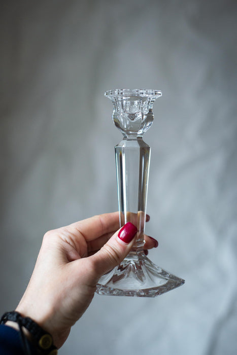 Vintage Crystal Candle Holder, Faceted Glass Taper Candlestick