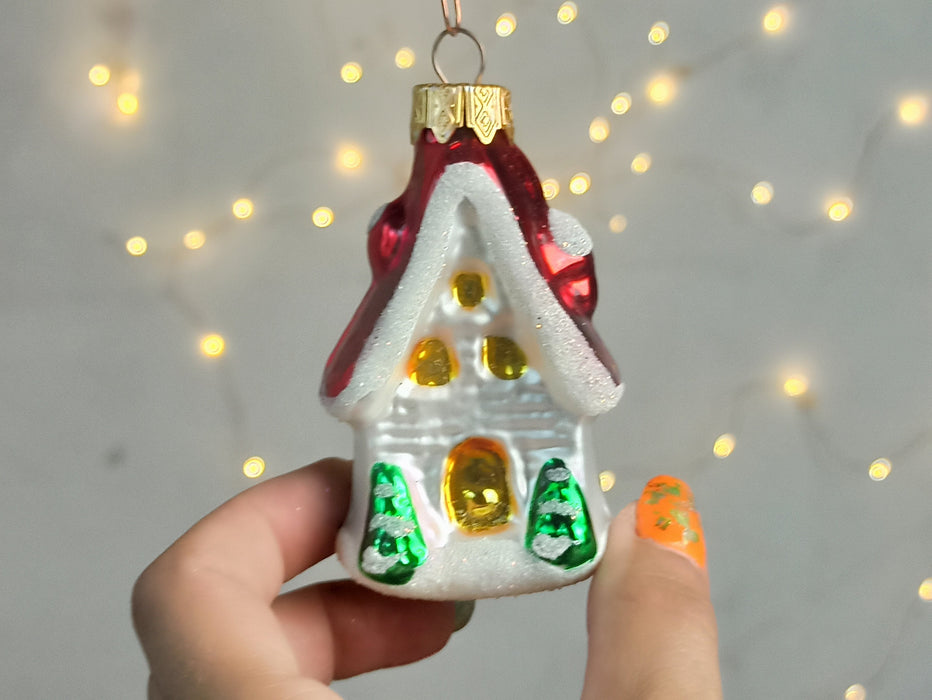 Glass Cottage Christmas Ornament, Hand Blown Holiday
