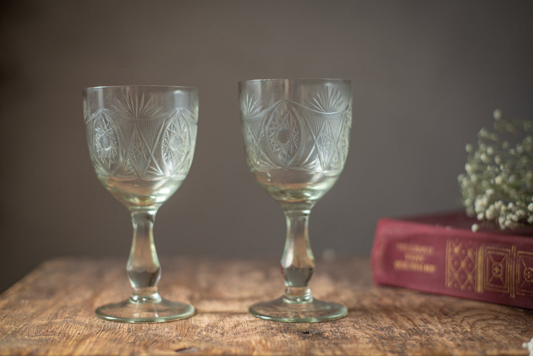 Vintage Etched Crystal Sherry Glasses – Set of 2