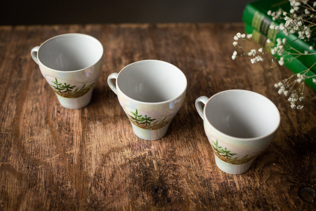 Vintage Porcelain Mini Teacup Set: Pearlescent Pine Design, USSR 1970s