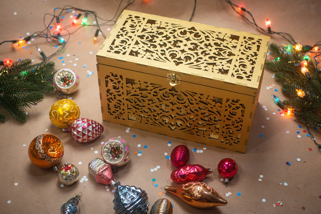 Laser Cut Wooden Keepsake Box, Gold Christmas Ornament Storage, Rustic Decor