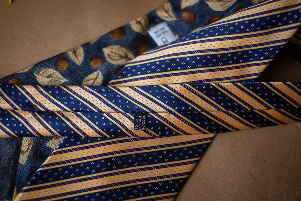 Men's Silk Tie - Vintage Striped Leaf Print Necktie | Luxury Groom Tie