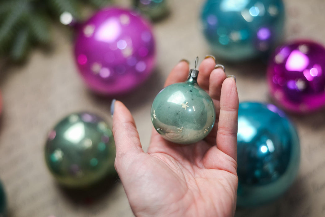 Vintage Glass Christmas Ornaments Set, Glow in Dark Stars, 1970s Teal Pink Balls