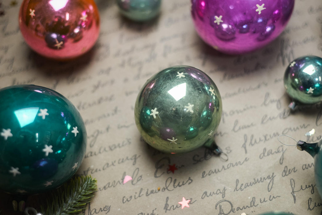 Vintage Glass Christmas Ornaments Set, Glow in Dark Stars, 1970s Teal Pink Balls