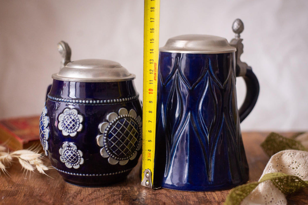 Vintage Cobalt Blue Beer Stein Bavarian Ceramic Mug with Lid