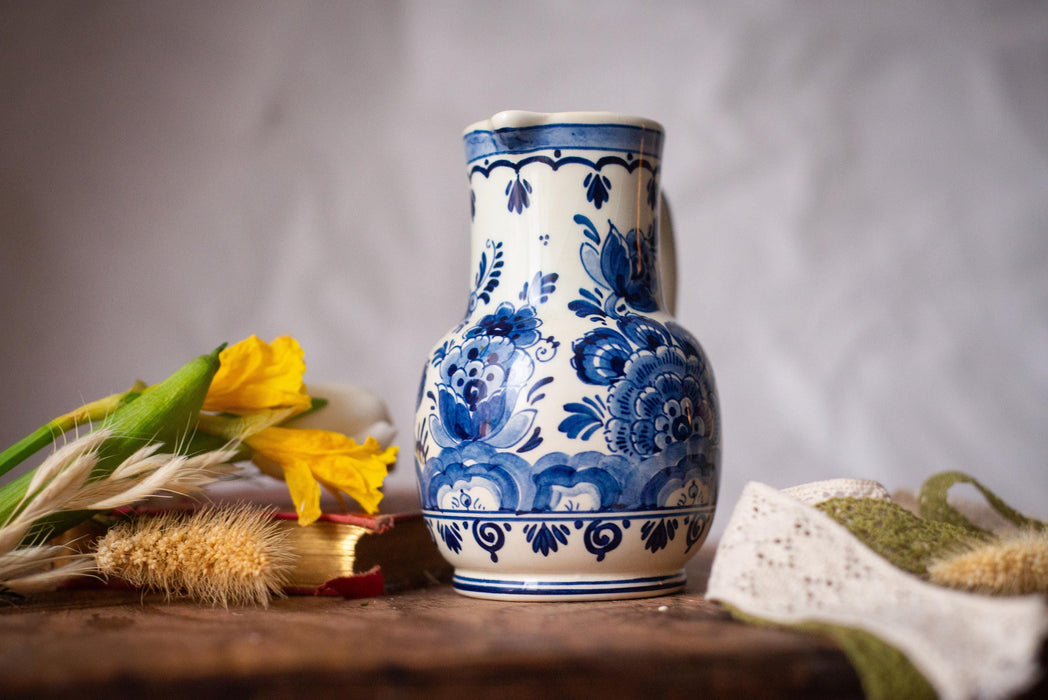 Hand-painted Delft Blue pitcher, flowers and birds, Holland Vintage Ceramic