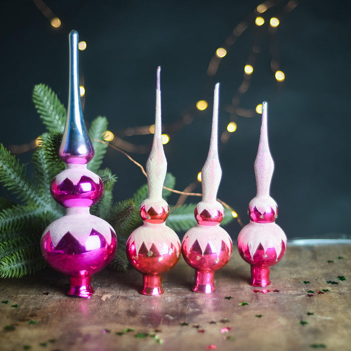 Christmas tree toppers, hot pink and white frosted decor