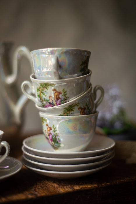 Vintage Madonna Tea Set Lusterware 15 Pieces, German, Art Deco Porcelain Tea Set, Romantic Scene