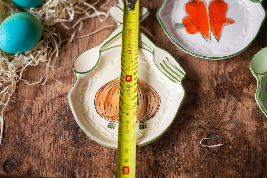 Small vintage ceramic appetizers plates, carrot, onion, cucumber pattern, Rustic tableware