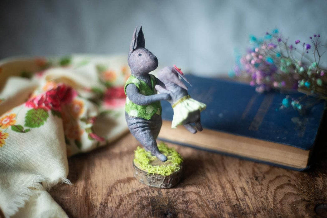 Father Bunny Figurine - Rustic Easter Decor Spun Cotton Collectible Rabbit Doll