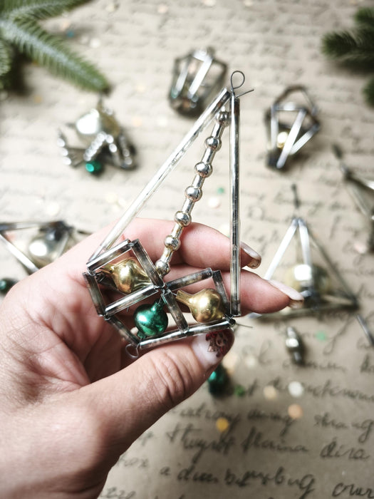 Vintage Glass Christmas Ornaments, Silver Green Montage Set, 7 Pc