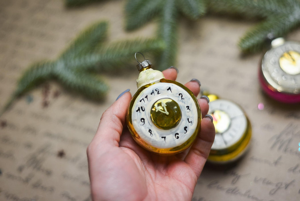 Vintage Clock Christmas Ornament, Mid Century Glass Tree