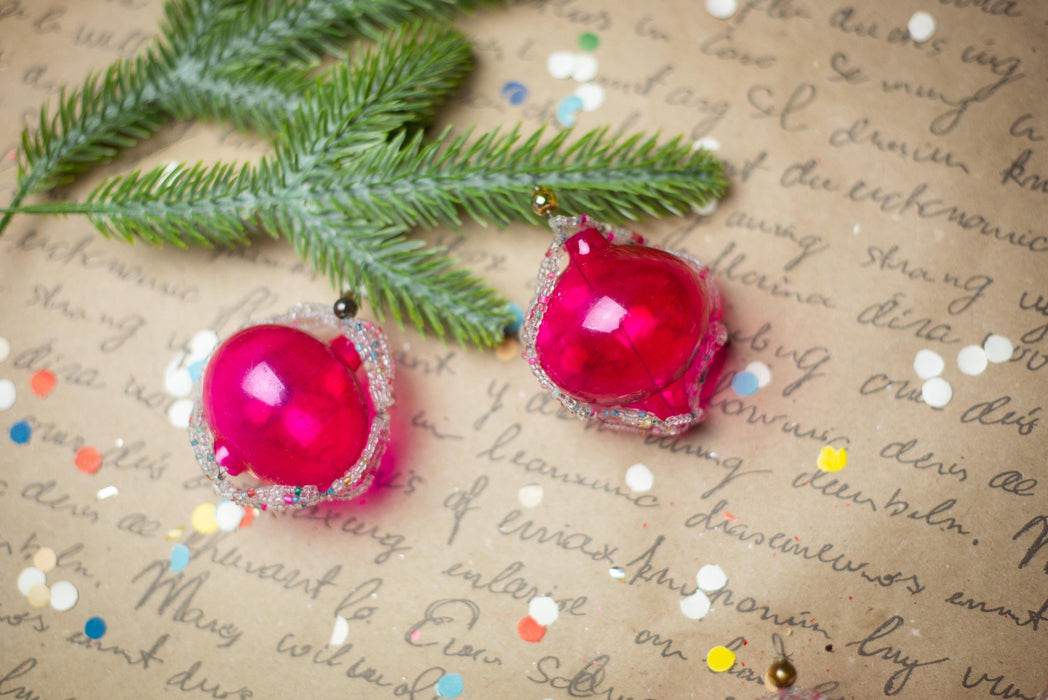 Vintage Pink Beaded Glass Ornaments – Set of 8