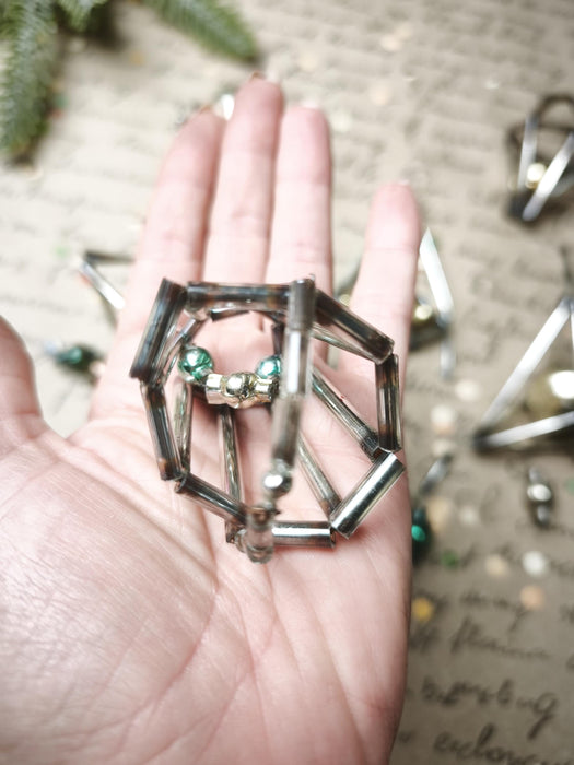 Vintage Glass Christmas Ornaments, Silver Green Montage Set, 7 Pc