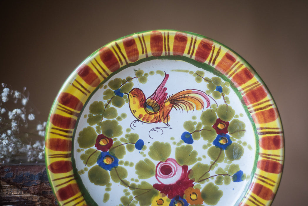 Rustic hand painted ceramic plate with flower and bird ornament, vintage, Germany