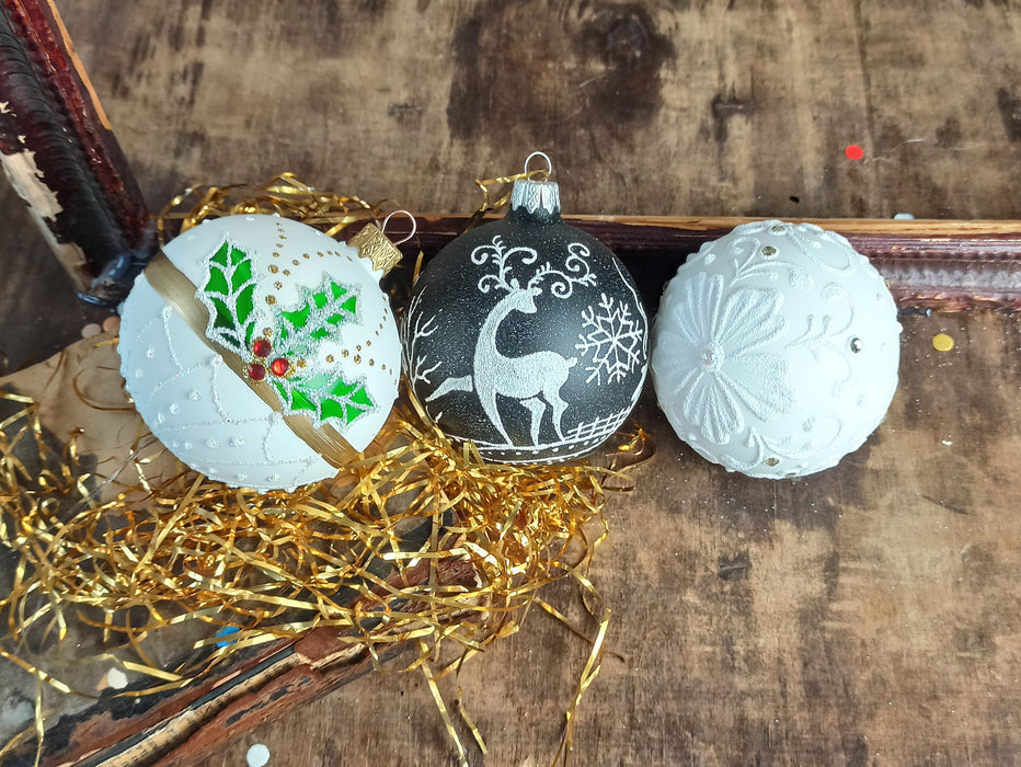 Black White Christmas Baubles Set, Hand Painted Glass