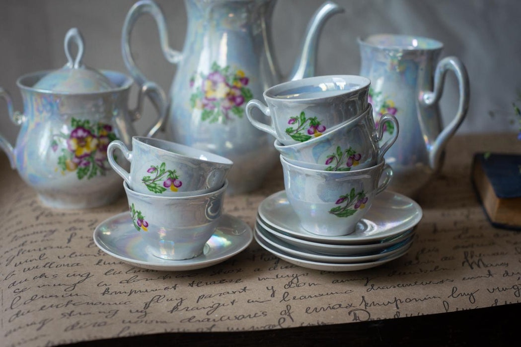 Vintage Lusterware Tea Set with Floral Design, Iridescent Porcelain Coffee Set, Mid Century, Romantic China Set 13 pieces