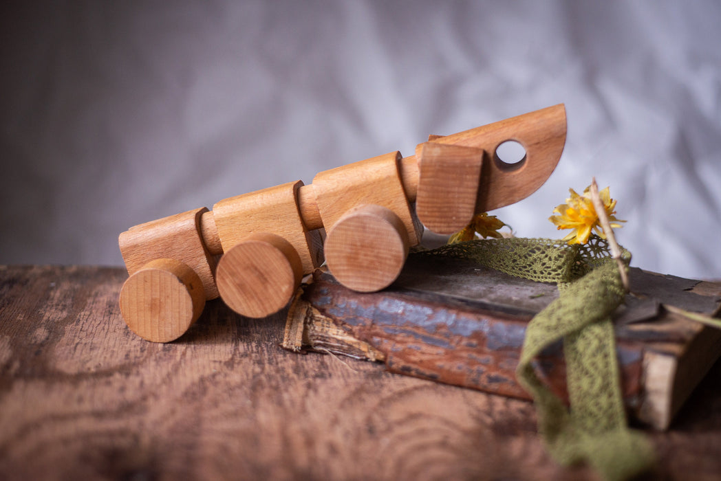 Vintage Wooden Dog Toy, Natural Wood Pull-Along Puppy on Wheels