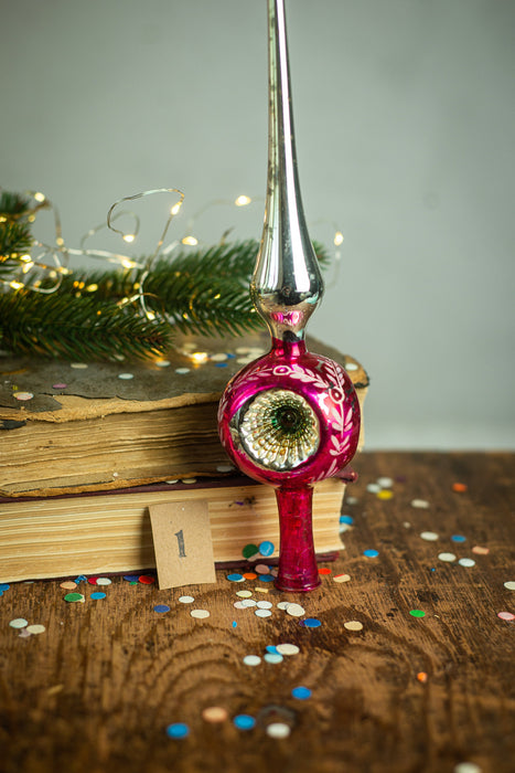 Vintage Hot Pink Glass Christmas Tree Topper with Indent