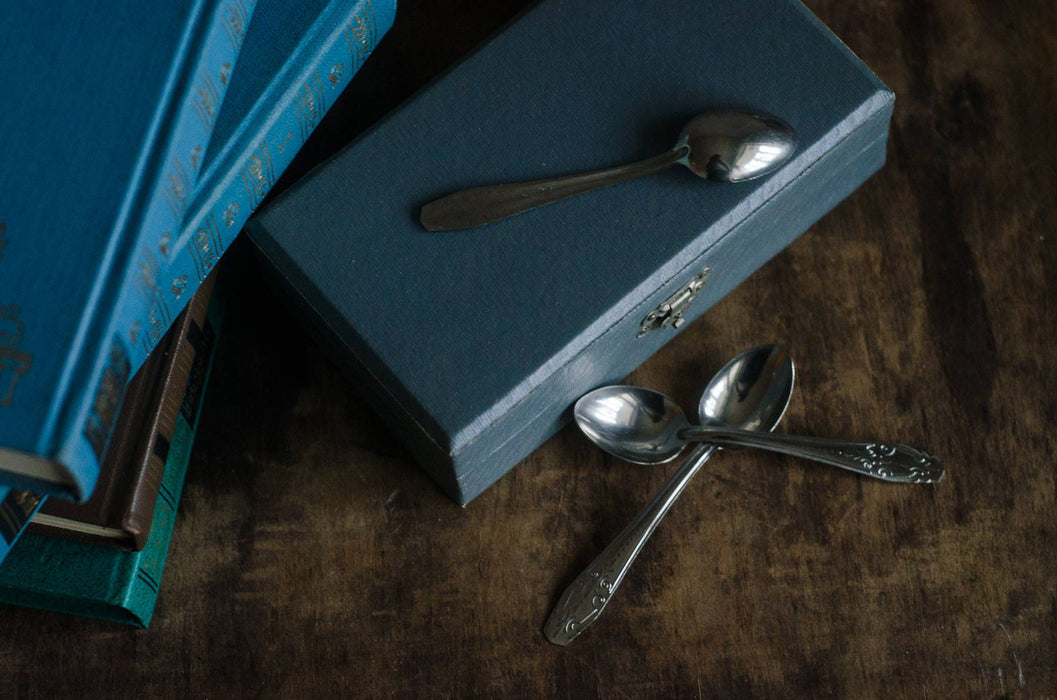 vintage tea spoon set, Silver Tone Dessert Spoons in Original Box