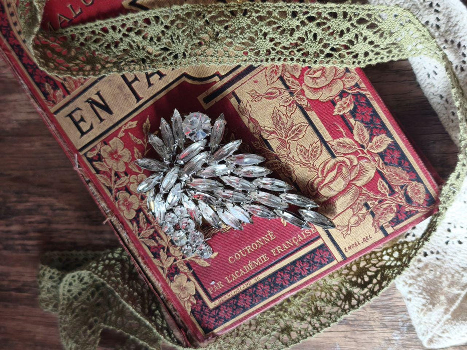 Vintage Rhinestone Brooch 1970s, Silver Tone Statement Pin with Clear Crystals