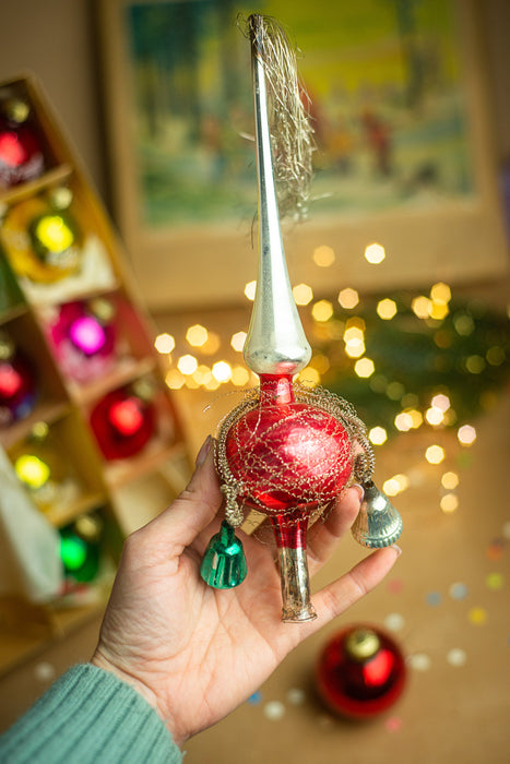 Vintage Hand Blown Glass Christmas Ornament Set: Tree Topper & Balls, German Made