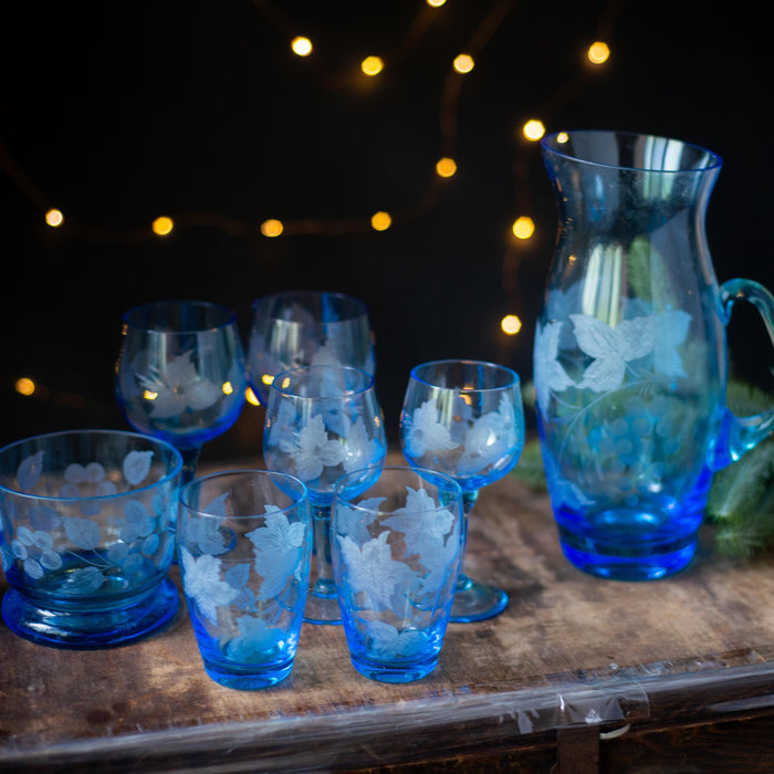Vintage Blue Glass Drinkware Set with Pitcher, Wine Glasses, Water Tumblers & Candy Bowl, 1970s