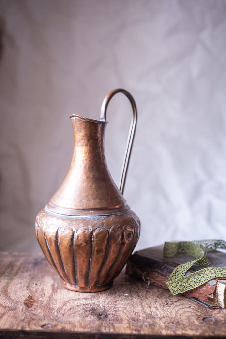 Vintage brass pitcher, metal water jug, rustic metal flower vase,