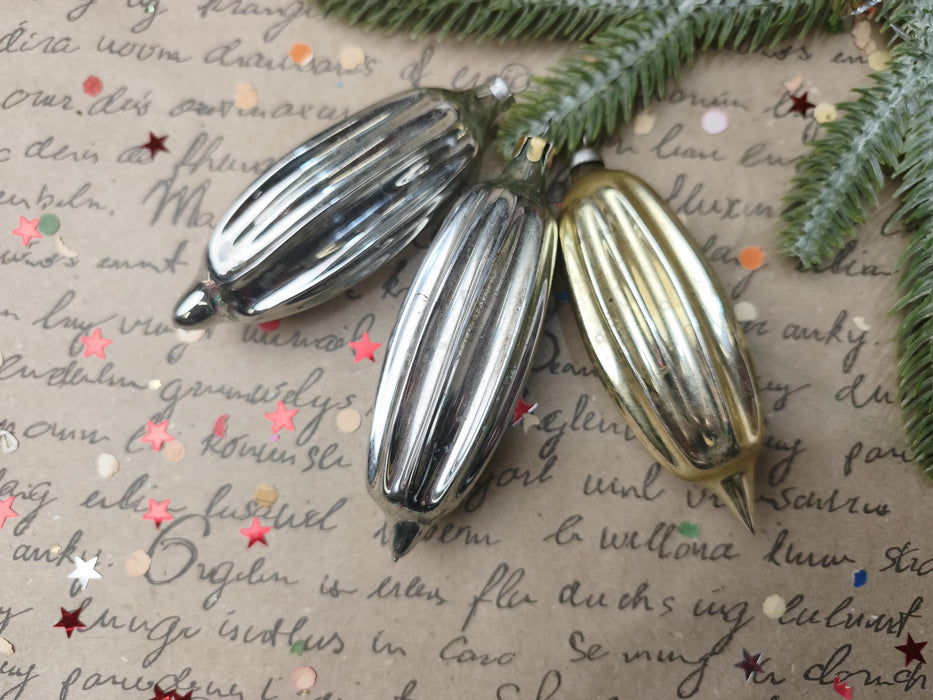 Vintage Silver Glass Christmas Ornaments, Ribbed Icicles and Lantern Bauble Sets