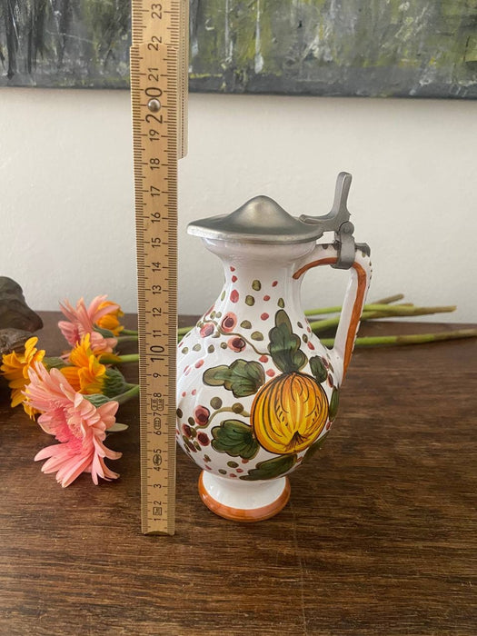 Flower Ceramic wine jug with metal lid, vintage carafe, 1970s German pitcher