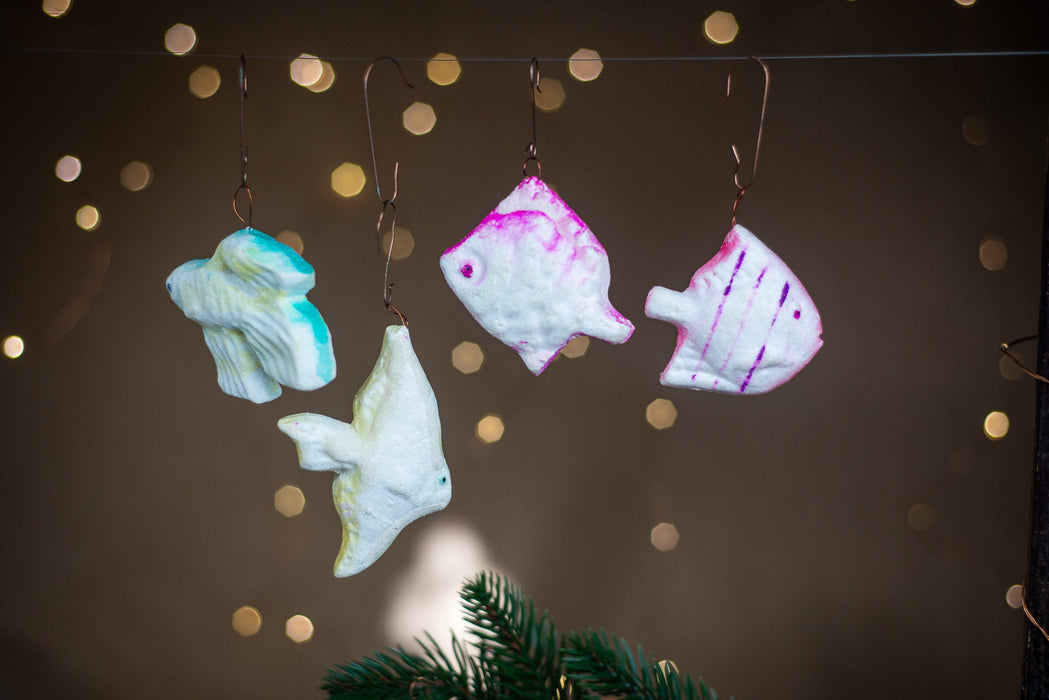 Vintage Fish Christmas Ornaments, Styrofoam Xmas Tree