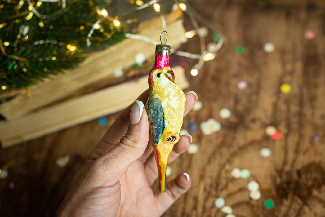 Vintage Parrot Glass Ornament, Hand Painted Bird