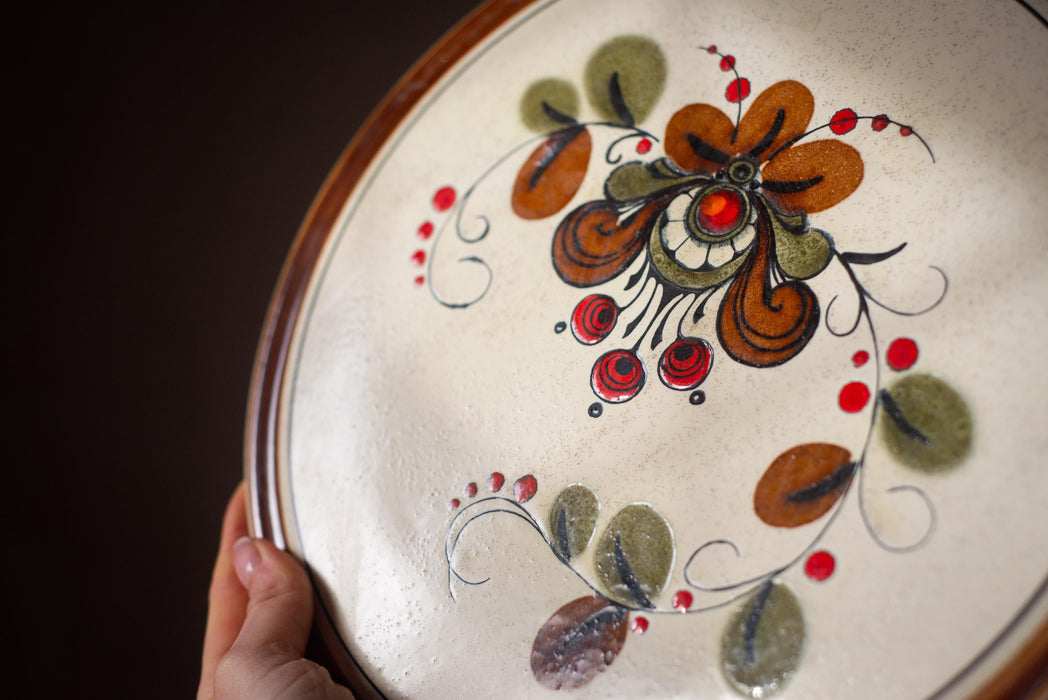 Vintage Ceramic Cake Plate - Hand Painted Folk Pottery, Rustic Serving Platter 30 cm