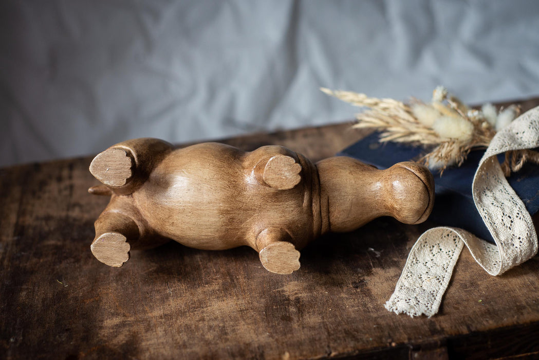 Wooden Hippo Figurine, Vintage Hand-Carved Solid Wood, 11x4.9 In