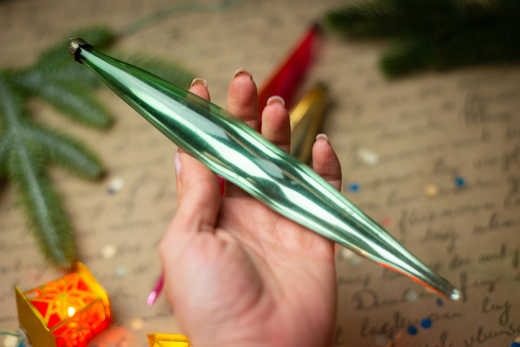 Long Glass Icicle Christmas Ornaments, Vintage Set of 3